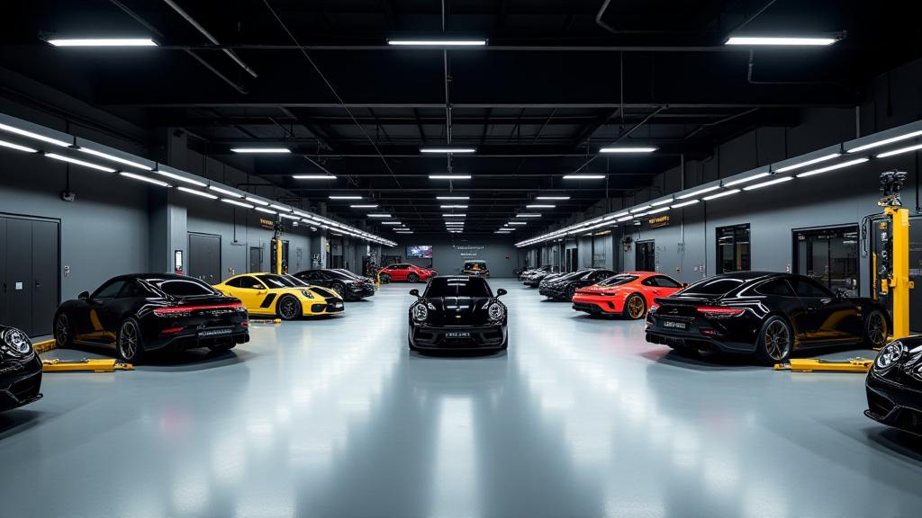 Vista general del interior prístino y moderno del taller de Inti Drive, con coches estacionados y áreas de trabajo ordenadas.